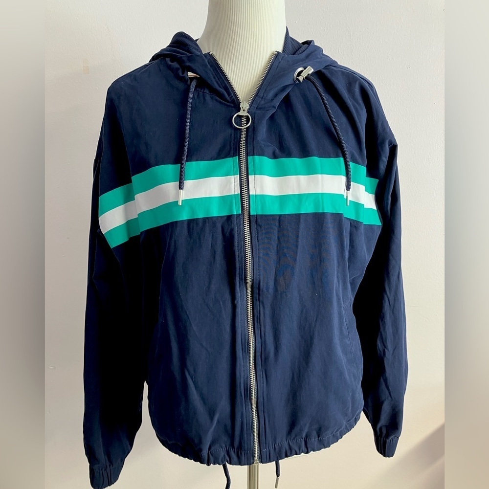 Women’s Zip Up Hoodie/Windbreaker/Jacket, L, Blue, Stripes by Forever 21
